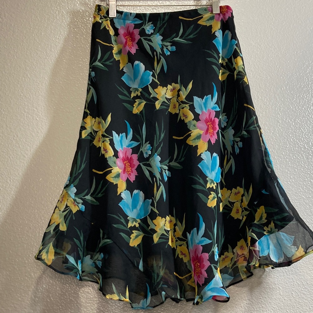 Vintage 90s Y2K Notations Dark Floral Chiffon Flounce Ruffle Hem Skirt sz PM PS?